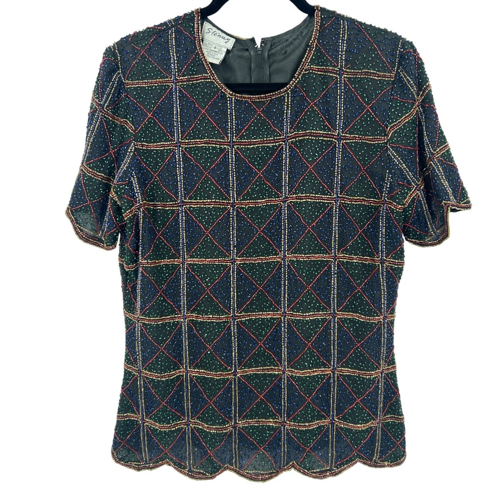 VTG Stenay Silk‎ Holiday Beaded Blouse Short Sleeve Embellished Women's Top L